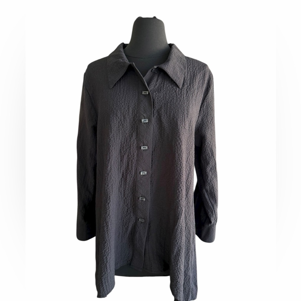 Habitat Textured Tunic Top Women M Gray Button Back Long Sleeve Collared Medium